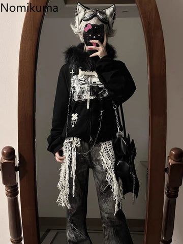 Sonicelife Hoodie Women's Hooded Fashion Sweatshirts Tops Korean Casual Y2k Jackets 2025 Ropa Mujer Streetwear Print Zipper Hoodies Coat