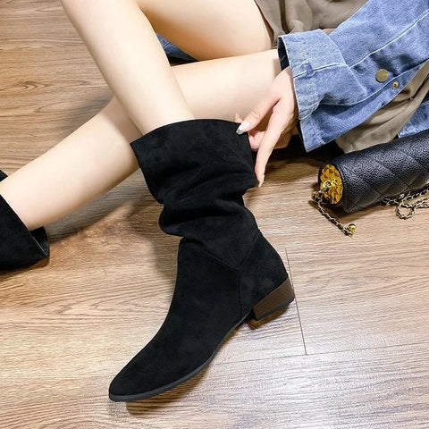Sonicelife Knight  Women's 2025  Thick Heels Spring, Autumn, and Winter High Barrel and Thin Retro Slim Wrinkle Stacked Long Boots