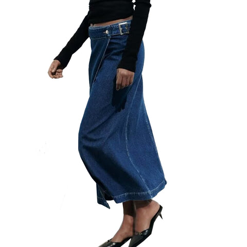 Sonicelife Women's New Half Skirt with Side Waistband Decoration, Fashionable and Casual, Versatile Denim Midi Skirt