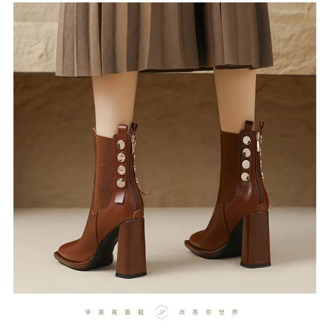 Sonicelife 2025  New Fashion Square High Heels Black Brown Retro Dress Party Female Lady Autumn Winter Ankle Bots