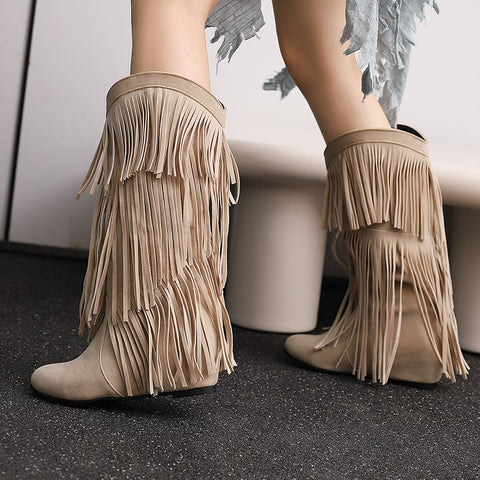 thanksgiving outfit Sonicelife Women Mid Calf Boots Round Toe Increased Heel Fringe Flock Suede 46 47 48 Slip On Fashion Dating Bota