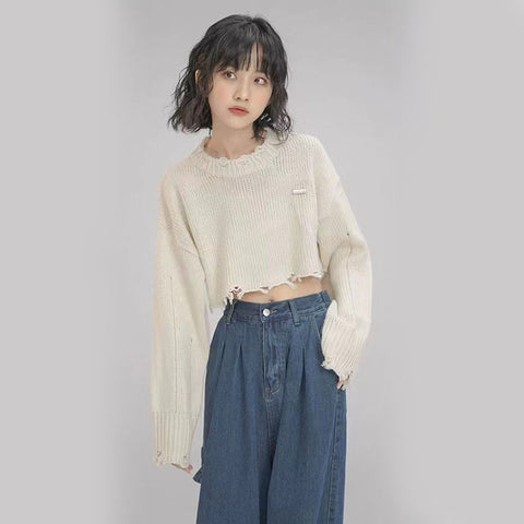 Black Friday Sonicelife Y2K Ripped Knitted Crop Sweater Women Autumn Fashion Long Sleeve Tassel Pullover Korean Loose Streetwear Hollow Out Chic Jumper