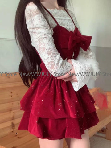 Sonicelife Women Rave Birthday 2000s Shoujo Girl Korean Fashion Outfits 3 Piece Set Long Sleeve Lace Tops + Red Velvet Cami Dress + Shorts