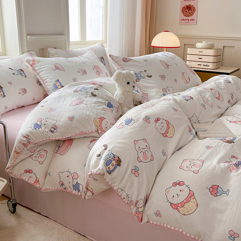 Sonicelife Cute Bear Double Layer Yarn Quilt Cover Bed Sheet Pillowcase Twin Queen Size Bedding Set Girls Kids Duvet Cover Set No Filler