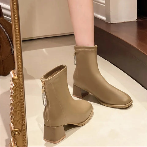 Sonicelife Square Toe Boots Women's Autumn Winter Elastic Thick Heel Back Zip Ankle Boots Fashion Gray Black Botas De Mujer