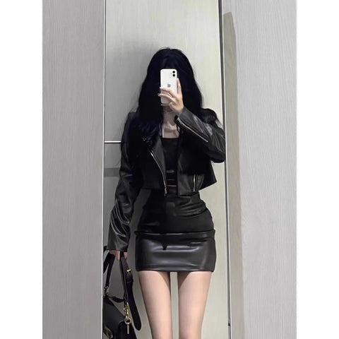 thanksgiving outfit Sonicelife 2024 Spring Autumn New Women's Cropped Leather Jacket Tank Dress Slimming Bodycon Skirt Trendy Fashionable