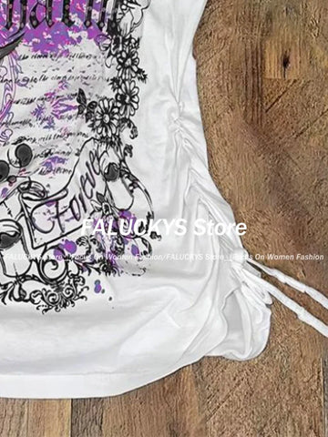 Sonicelife Aesthetic Vintage Slim V Neck T Shirts Women High Street Y2k Print Patchwork Lace Up Tops Female Hot Chick Short Sleeve Top New