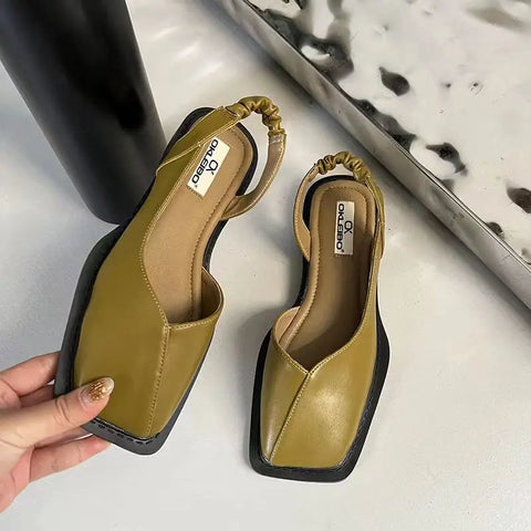 Sonicelife Fashion Ladies Elastic Band Flat Heel Women Summer Elegant Ladies Sandals Shallow Party Shoes Square Heel Square Toe