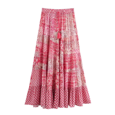 Sonicelife Women's Floral Print Skirt Elastic High Waisted Tassel for Commuting Versatile Mid Length New