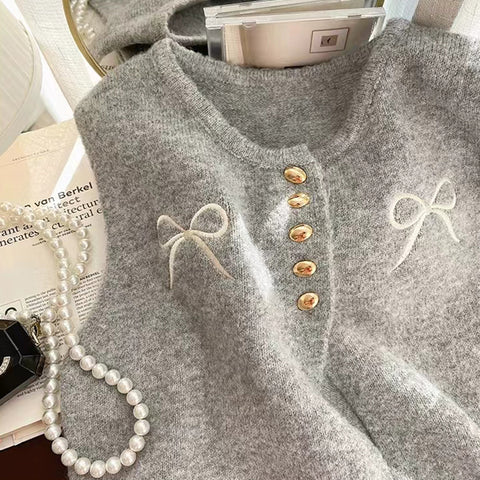 Sonicelife Sweet Bow Knitted Vests Women Casual Loose O Neck Korean Embroidery Jacket Vest Elegant Vintage Female Fall All Match Vest