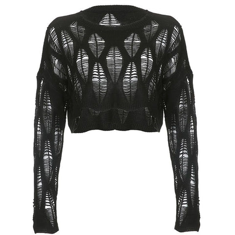 Sonicelife Perforated Hole Hollow Out Y2K T-shirts Batwing Sleeve Knitted Blouse Vintage Thin American Style Girlish Loose Streetwear Top