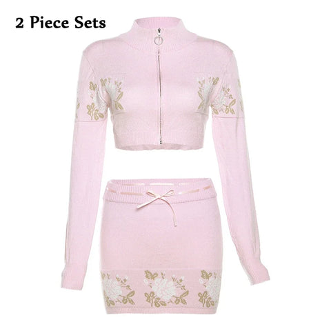 Sonicelife Korean Sweet Women 2 Piece Knitted Cardigan Floral Sweater Skirt Sets Knit Zipper Jacket Drawstring Mini Skirt Two Piece Outfits