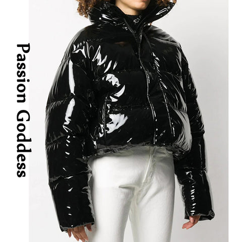 Sonicelife Women Winter Bright PU Puffer Jacket Warm Thick Bubble Coat Oversize Zipper Glossy Leather Down Parka Outerwear Cute Pink Jacket