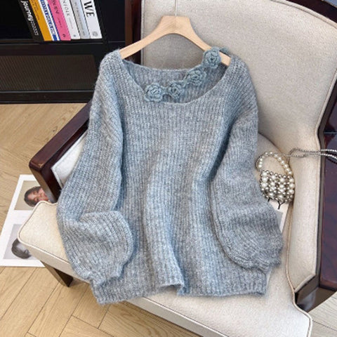 Black Friday Sonicelife Hollow Out 3D Flowers Sweater Women Fashion Loose Solid Lazy Pullover Spring Fall Sweet Hot Knitted Pretty Style Jumpers