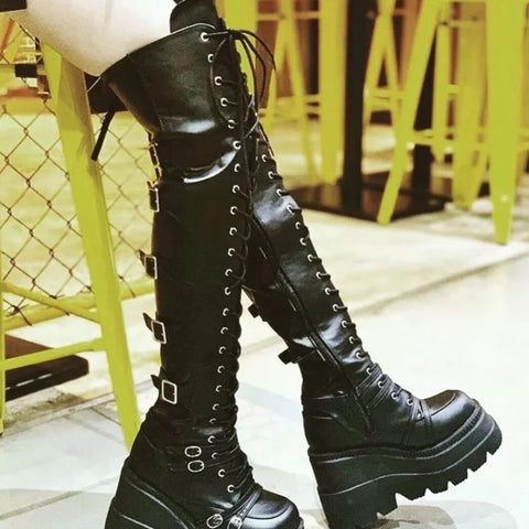 Sonicelife Brand Design Big Size 43 Shoelaces Cosplay Motorcycles Boots Buckles Platform Wedges High Heels Thigh High Boots Women Shoes