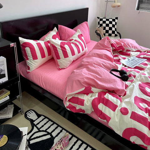 Sonicelife Korean Style Pink Letter Bedding Set Flat Bed Sheet Pillowcase Twin Full Queen Size Bed Linen Women Girls Duvet Cover No Filling