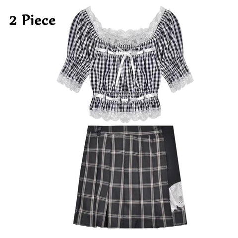 Sonicelife Cute Women Lace Irregular Pleated Skirts Harajuku Lace Plaid Stitching Lolita Skirts Female Sweet Black Pink Pleated Skirt Mujer