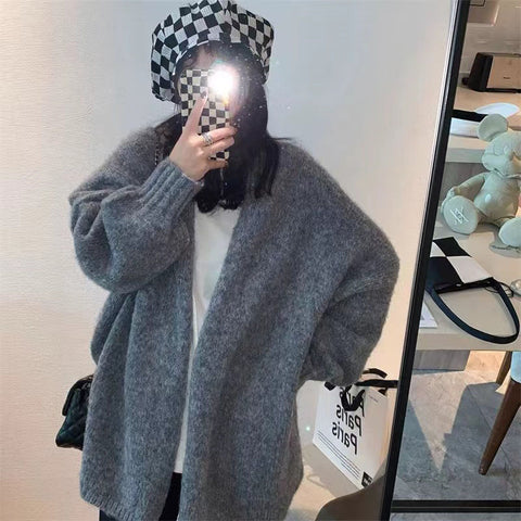 Sonicelife Autumn Winter Thicken Warm Women Cardigan Sweater Korean Lazy Wind Soft All Match Cardigans Tops Solid Loose Knitted Coats