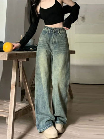 Sonicelife Y2k Baggy Wide Leg Jeans Women Vintage Street Wear Washed Denim Pants Grunge Basic Slouchy Blue Female Trousers New