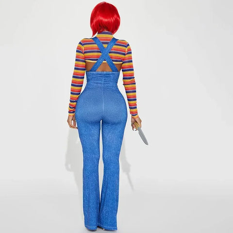 Sonicelife Women Wanna Play Letter Print Overalls Imitation Denim Jumpsuits Romper Striped Long Sleeve Crop Shirt Halloween Cosplay Outfits