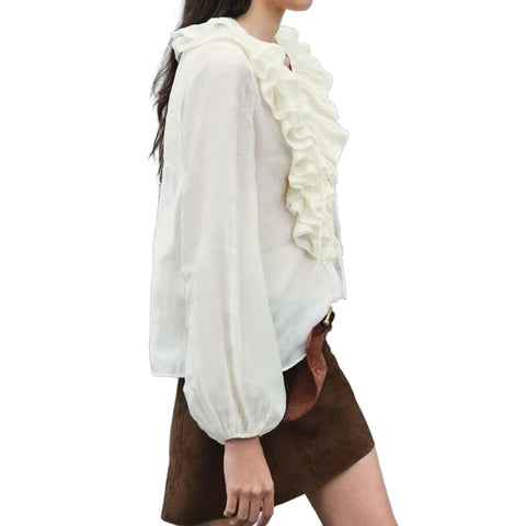 Sonicelife Women's V-Neck Tie Top with Wooden Ear Edge Layered Decoration Sweet Commuter Temperament Long-Sleeved T-shirt New
