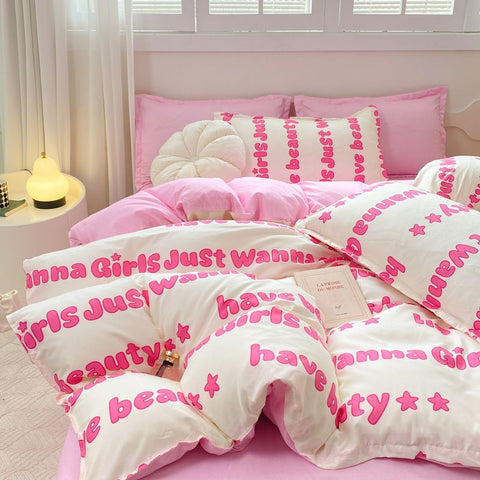 Sonicelife Princess Style Bedding Set Girls Twin Queen Full Size Duvet Cover Set Bed Flat Sheet Pillowcase Kids Adult Pink Letter Bed Linen