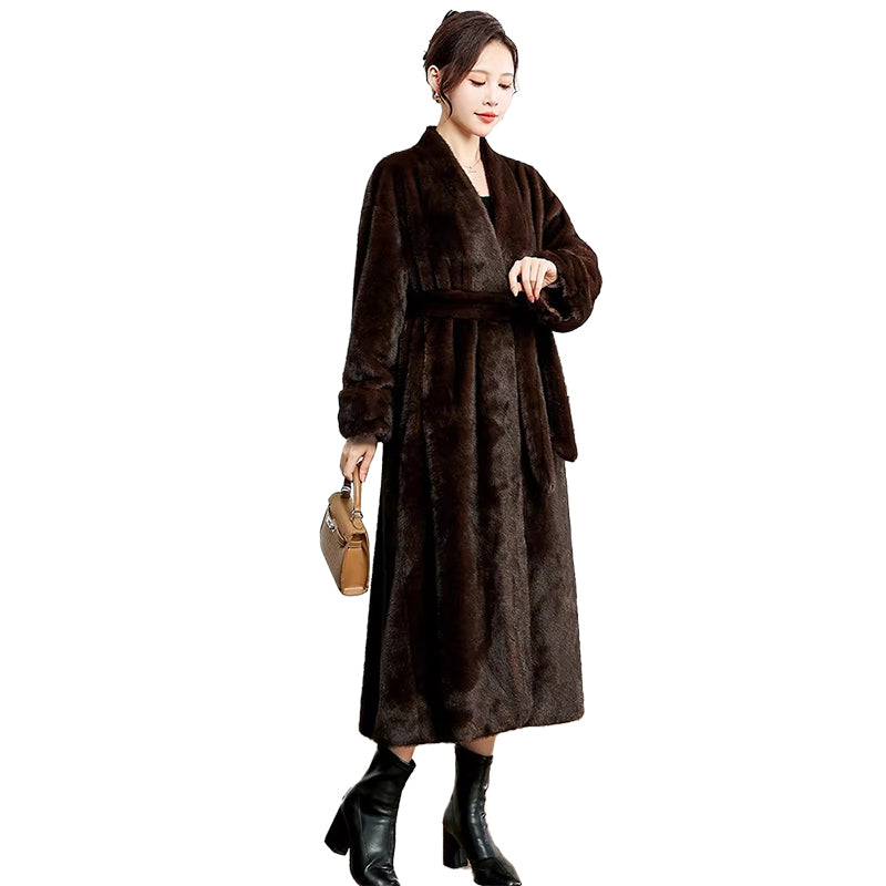 christmas outfit Sonicelife Spring Winter Long Brown Elegant Luxury Warm Thick Fluffy Faux Mink Fur Coat Women with Deep V Neck Furry Overcoat