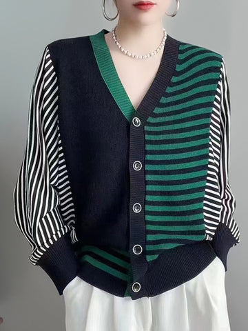 christmas outfit Sonicelife Long Sleeves Loose Buttoned Contrast Color Split-Joint Striped V-Neck Cardigan Tops Knitwear