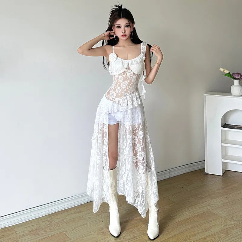 Sonicelife Lace Patchwork Sheer Camis Dress Women French Irregular Sexy Dress Fashion Streetwear Hollow Out Ruffles Spaghetti Strap Vestido