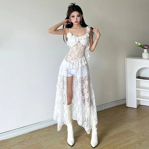 Sonicelife Lace Patchwork Sheer Camis Dress Women French Irregular Sexy Dress Fashion Streetwear Hollow Out Ruffles Spaghetti Strap Vestido