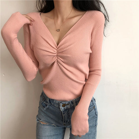 Sonicelife Sexy V Neck Women Sweater Autumn Knitted Pullover Jumper Chic Soft Korean Slim Long Sleeve Female Basic Top New