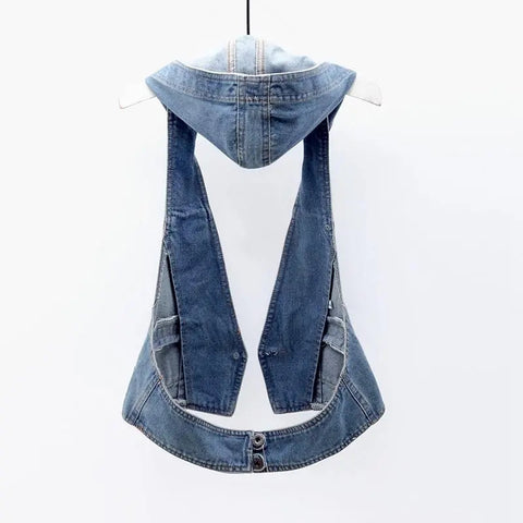 Sonicelife Vintage Denim Vest Women Hooded Short Spring Summer 2025 New Korean Femme Slim Sleeveless Jacket Waistcoat Women Jeans Vest