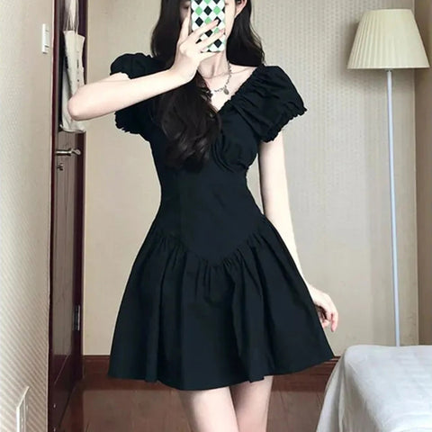 Sonicelife Black A Line Mini Dress Women French Sweet Kawaii High Waist V Neck Pleated Skirt Ladies Fashion Retro Vestidos Summer New