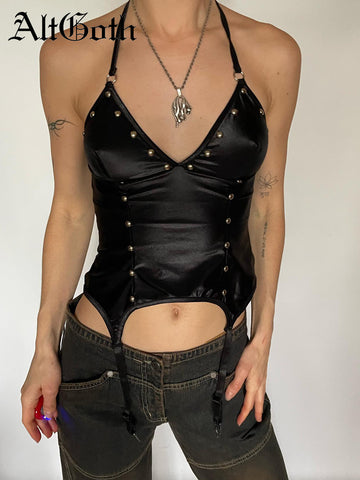 Sonicelife Harajuku Cyber Punk Pu Camis Women Dark Gothic Streetwear Grungen Emo Alt Backless Rivets Halter Crop Tank Tops Female