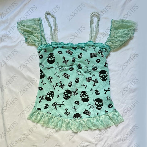 Sonicelife Y2k Aesthetic Crop Top Summer Punk Girl Emo Streetwear T shirt Lace Skulls 2000s Harajuku Vintage Clothes Women Grunge Tank Tops