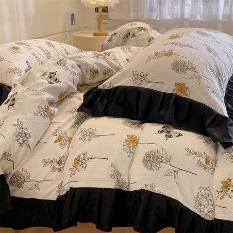 Sonicelife Ins French Style Girls Heart Lace Bedding Set Bubble Wash Cotton Quilt Cover With Pillowcases Bed Sheet Set 4pcs