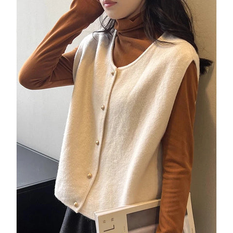 Black Friday Sonicelife Elegant Sweater Vest Women Korean Button Solid Casual Basic V-Neck Knitted Tank Fashion Fall Sleeveless Lady Cardigan