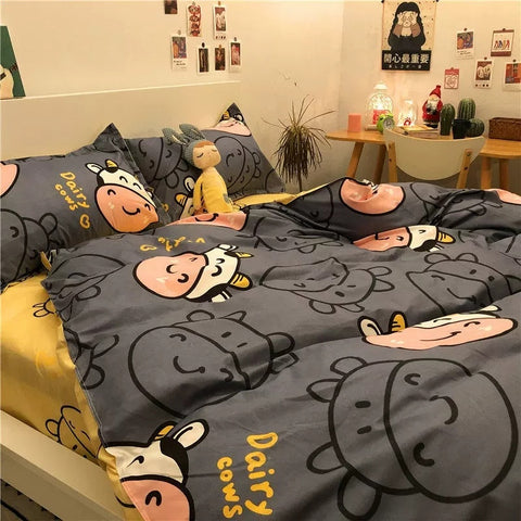 Sonicelife Ins Pink Cute Duck Cartoon Fruit Printed Bedding Set Soft Queen King Size Flat Bed Sheet Quilt Cover Pillowcase Kawaii