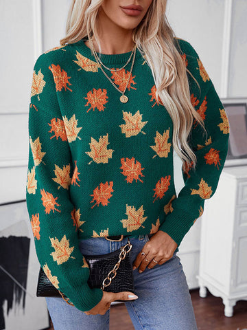 christmas outfit Sonicelife Long Sleeves Loose Contrast Color Jacquard Knitted Leaves Split-Joint Round-Neck Pullovers Sweater Tops