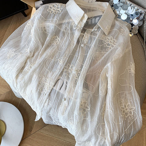 Sonicelife Elegant Sun Proof White Shirt Women Long Sleeve Embroidery Blouse Loose Korean Fashion Design Female Oversize Thin Tops New