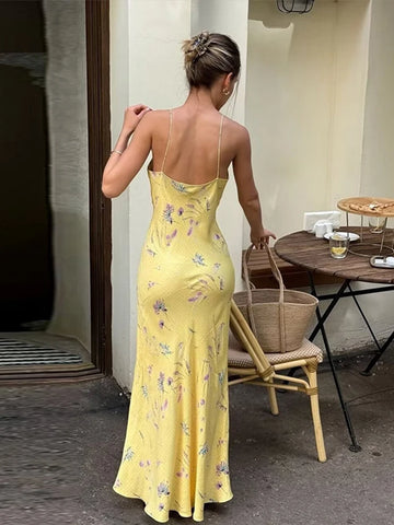 Sonicelife Sexy Print Sling Long Dress Women Slim V-neck Sleeveless Backless Female Dresses 2024 Summer Elegant Lady Vacation Floral Robes