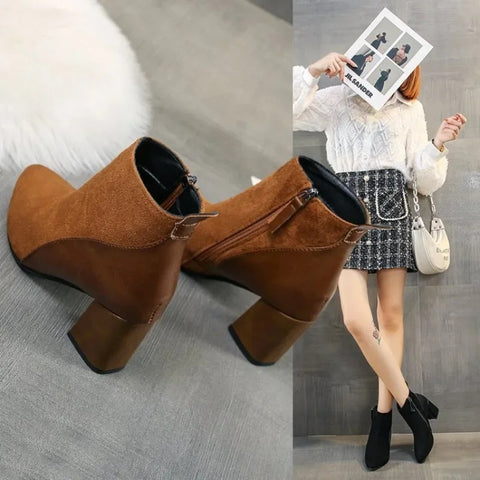 Sonicelife 2025  Autumn/Winter Women Ankle Boots Pointed Fashion Short  Suede Panel Side Zipper Thick Heels Women's Shoes Large 44