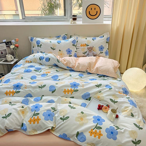Sonicelife Garden Flowers And Cute Rabbit Pattern Duvet Cover Nordic Style Full Size Bedding Sets Queen Double For Girls Gift Pink