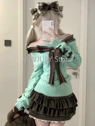 Sonicelife Lazy Bow Off Shoulder Long Sleeve Loose Knitted Sweater Tops + High Waist Ruched Skirts 2025 Autumn Winter New Two Piece Sets