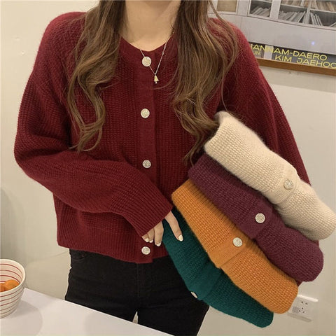 Sonicelife Korean Sweet Cardigan Women Long Sleeve Fashion Elegant Knitted Tops Casual O Neck Single Breasted Female Casual Cardigan