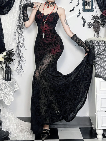 Sonicelife Vintage Dark Gothic Dress Women Sexy Streetwear Elegant Aesthetic Y2k Emo Spaghetti Strap Cross Flocking Dress Clubwear
