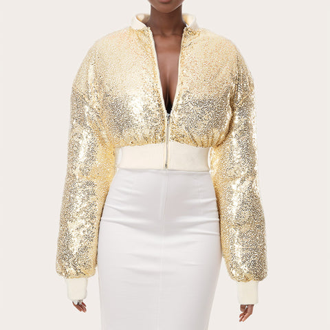 Sonicelife Fashion Women Shiny Gold Sequins Puffer Jacket Cute Warm Bubble Coats Glitter Sequin Parkas Down Zipper Cropped Jackets Parkas