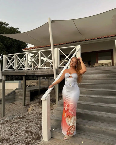 Sonicelife Gradient Printed Women's Midi Dress Summer Lady Backless Hollow Out Slim Fit Long Dresses 2025 Female Vocation Strapless Robes