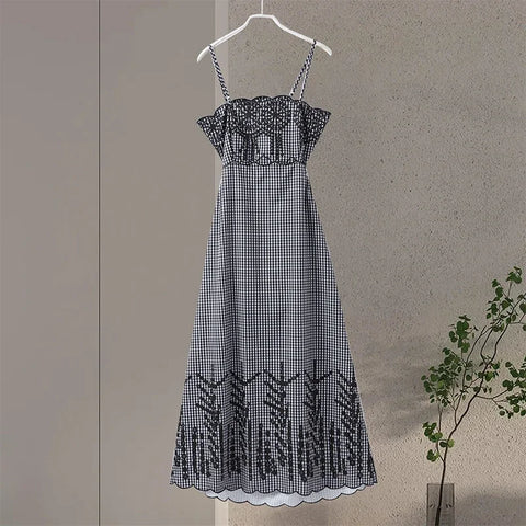 Sonicelife Plaid Embroidery Hollow Out Sling Dress For Women Sexy Backless Sleeveless Empire Female Dresses 2024 Summer Lady Beach Vestidos