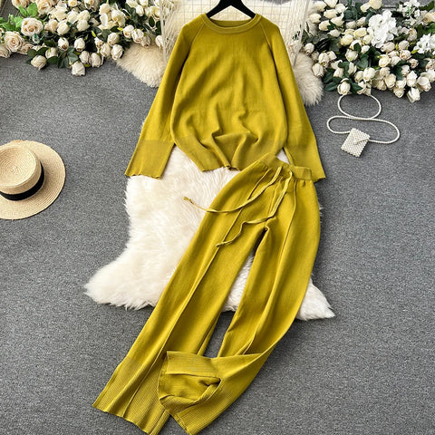 Sonicelife Set Autumn Winter Women Knitted Loose 2 Piece Sets Long Sleeve O-Neck Sweater and Wide Leg Pants Outfit Casual Office